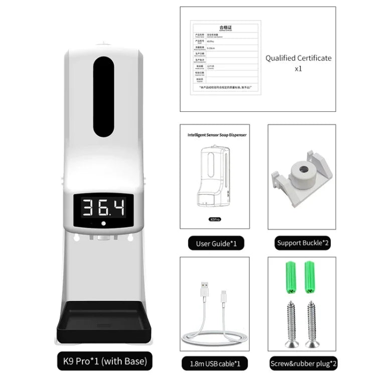 K9 Pro ハンズフリー非接触体温光感知距離センサー温度計＋1000ml自動非接触液体石鹸ディスペンサー（ベースマウント付き）、K9 Pro