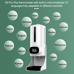 K9 Pro Plus ハンズフリー非接触体温計＋1000ml自動非接触液体石鹸ディスペンサー（ベースマウント付き）、15言語音声案内、K9 Pro Plus