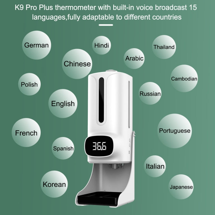 K9 Pro Plus ハンズフリー非接触体温計＋1000ml自動非接触液体石鹸ディスペンサー（ベースマウント付き）、15言語音声案内、K9 Pro Plus