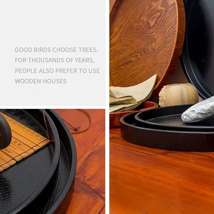 クリエイティブ 丸型 無垢材製 ティートレイ ホテル用 木製トレイ 直径：27cm、黒、直径：27cm