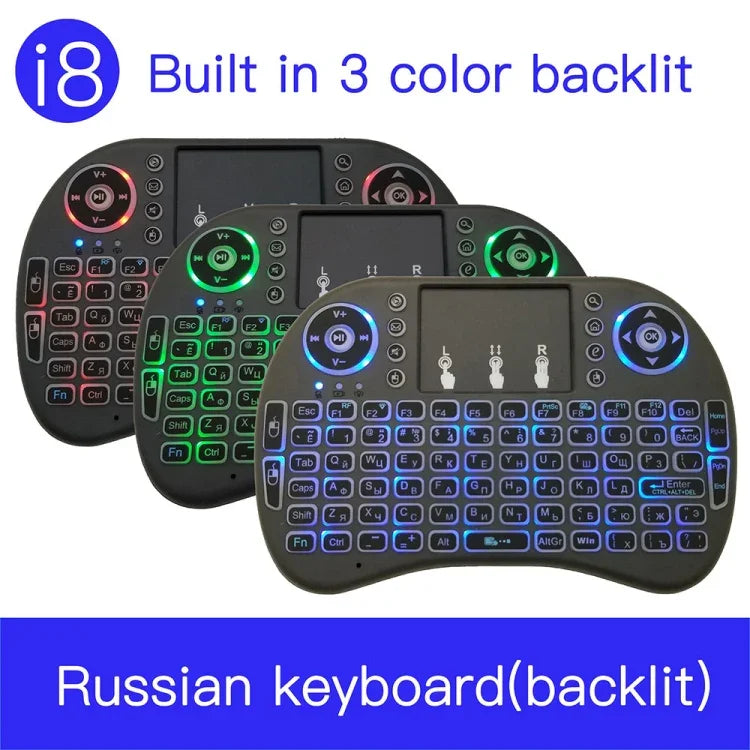 対応言語：ロシア語 i8 エアマウス ワイヤレス バックライトキーボード タッチパッド付き Android TVボックス＆スマートTV＆PCタブレット＆Xbox360＆PS3＆HTPC/IPTV用、ロシア語