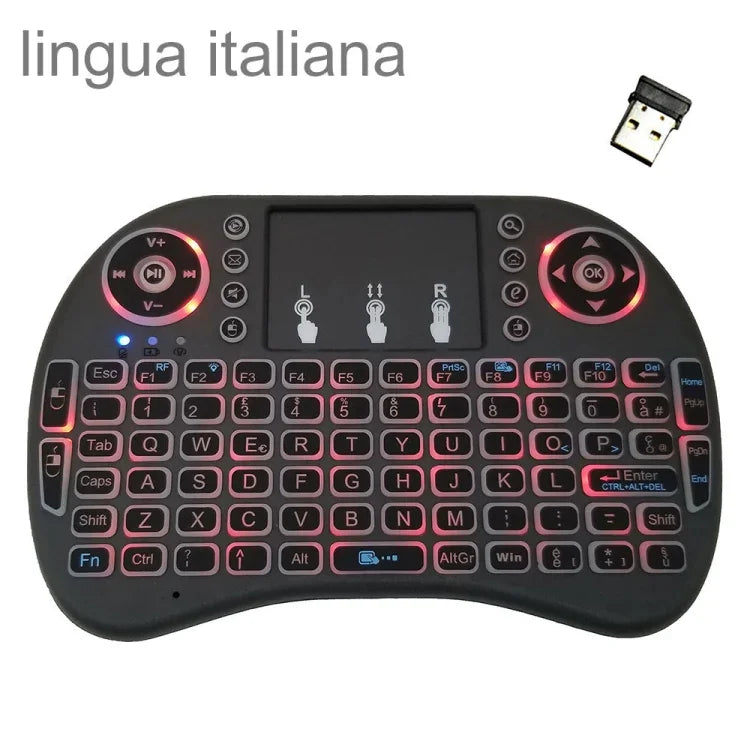 対応言語：イタリア語 i8 エアマウス ワイヤレス バックライトキーボード タッチパッド付き Android TVボックス＆スマートTV＆PCタブレット＆Xbox360＆PS3＆HTPC/IPTV用、イタリア語