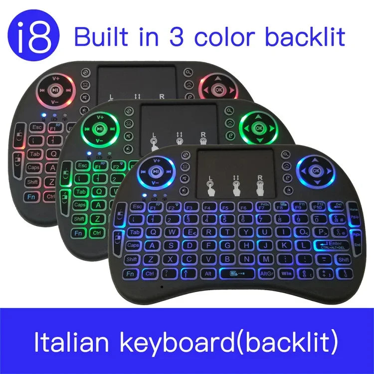 対応言語：イタリア語 i8 エアマウス ワイヤレス バックライトキーボード タッチパッド付き Android TVボックス＆スマートTV＆PCタブレット＆Xbox360＆PS3＆HTPC/IPTV用、イタリア語