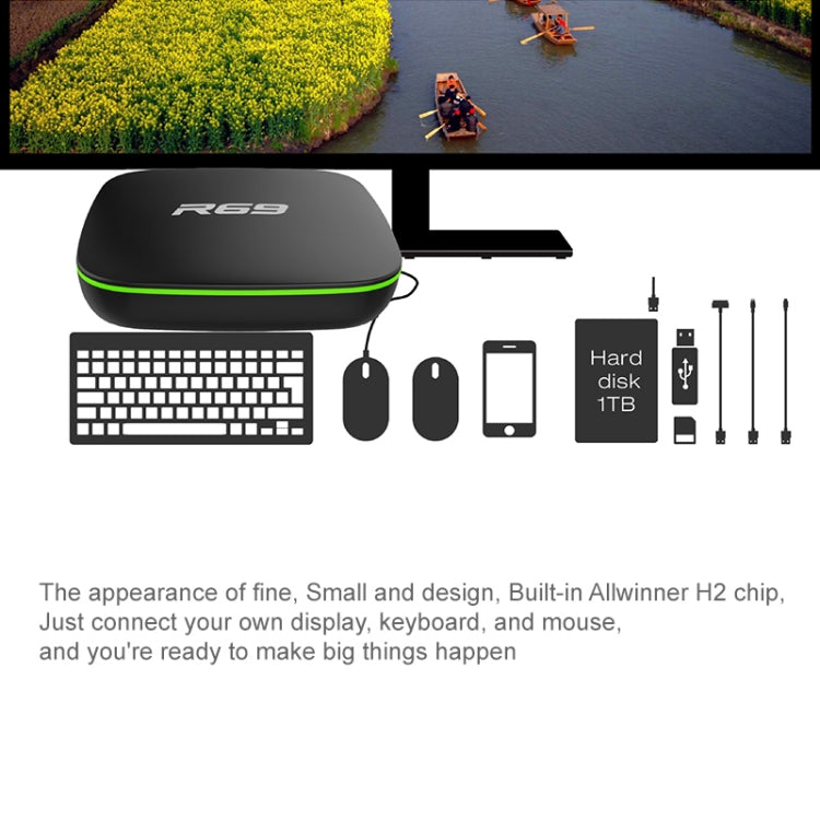 R69 1080P HD スマートTVボックス Android 4.4 メディアプレーヤー リモコン付き、クアッドコア Allwinner H3、RAM: 1GB、ROM: 8GB、2.4G WiFi、LAN、EUプラグ、1GB+8GB
