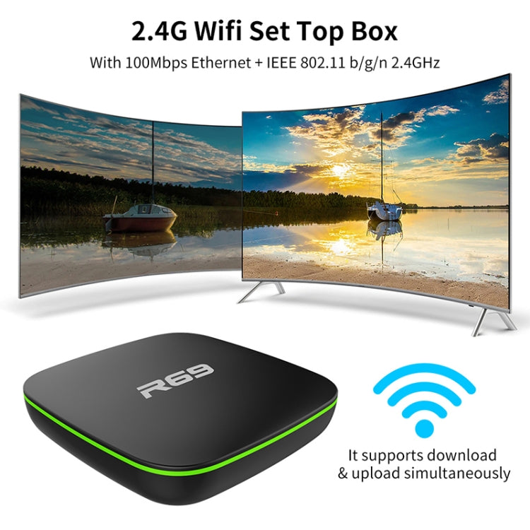 R69 1080P HD スマートTVボックス Android 4.4 メディアプレーヤー リモコン付き、クアッドコア Allwinner H3、RAM: 1GB、ROM: 8GB、2.4G WiFi、LAN、EUプラグ、1GB+8GB