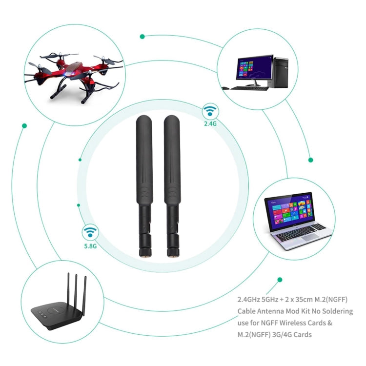 2 x 6dBi 2.4GHz 5GHz デュアルバンド WiFi RP-SMA オスアンテナ + 2 x 35CM RP-SMA IPEX MHF4 ピグテールケーブル M.2 NGFF WiFi WLANカード用、6dBiアンテナ + RP-SMAケーブル