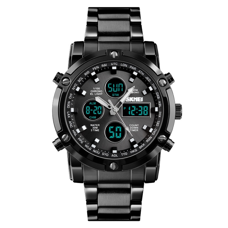 SKMEI 1389 Multifunctional Men Business Digital Watch 30m Waterproof Large Dial Wrist Watch with Stainless Steel Watchband , 1389 Black, 1389 Blue, 1389 Silver