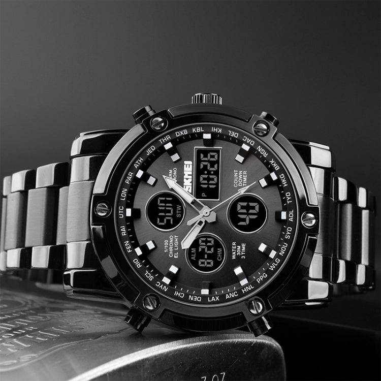 SKMEI 1389 Multifunctional Men Business Digital Watch 30m Waterproof Large Dial Wrist Watch with Stainless Steel Watchband , 1389 Silver, 1389 Black, 1389 Blue