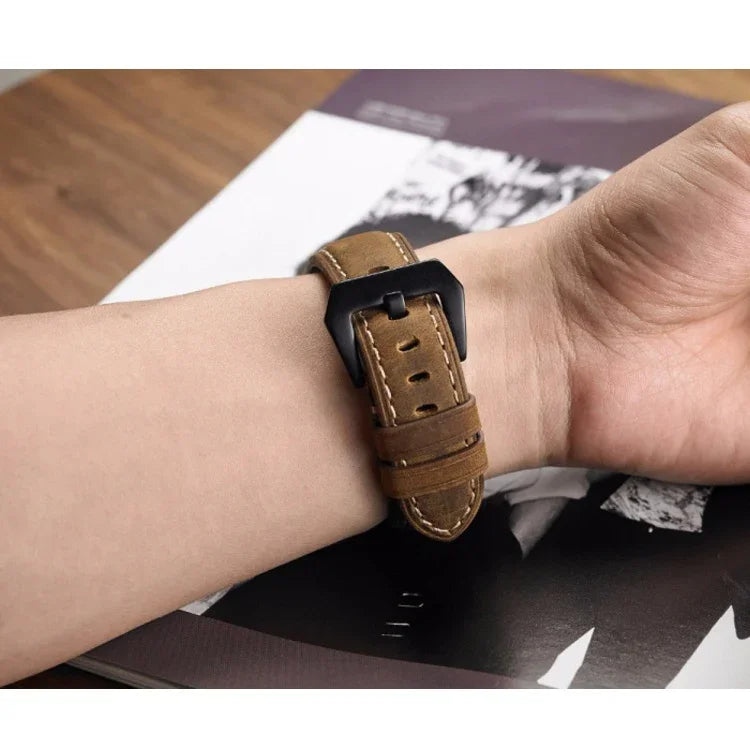 クレイジーホースレイヤーフロストブラックバックルウォッチレザーバンド、サイズ: 26mm
