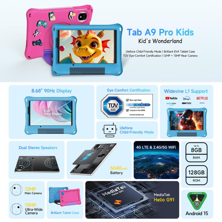 Ulefone Tab A10 Pro キッズタブレットPC、6GB+128GB、8.68インチ Android 15 MediaTek Helio G91 オクタコア 4Gネットワーク、EUプラグ