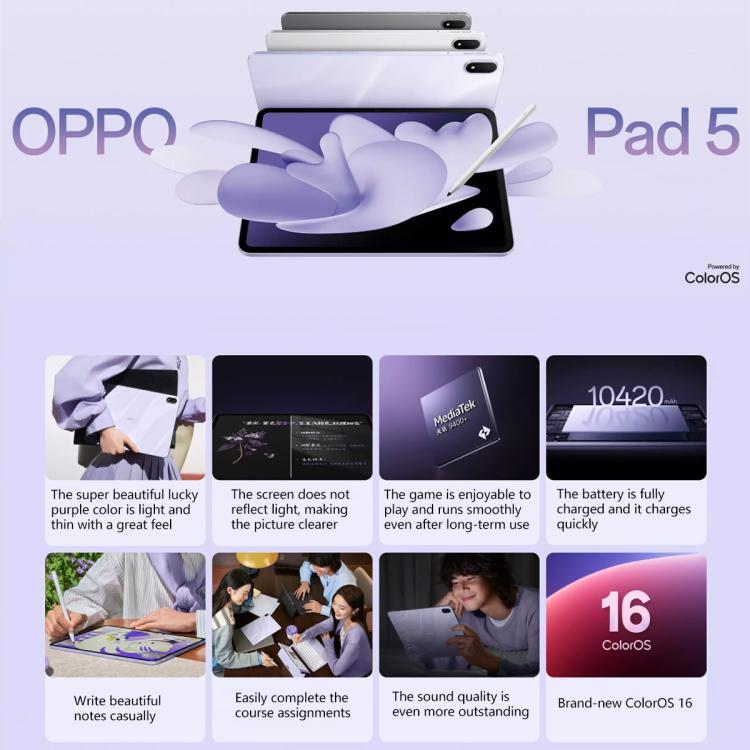 OPPO Pad 5 12.1インチ タブレットPC、8GB+256GB、ColorOS 16.0 MediaTek Dimensity 9400+ オクタコア、8GB+256GB