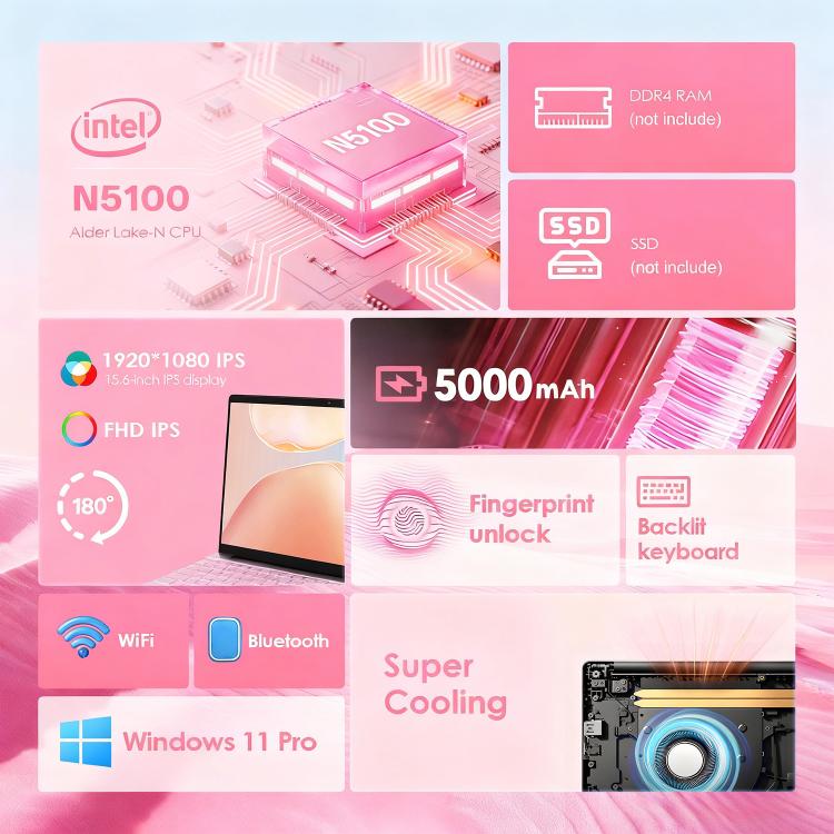 GXMO T152J 15.6インチノートパソコン、メモリなし、Windows 11 Pro、Intel Celeron N5100 クアッドコア、指紋認証対応、AUプラグ、メモリなし、AUプラグ