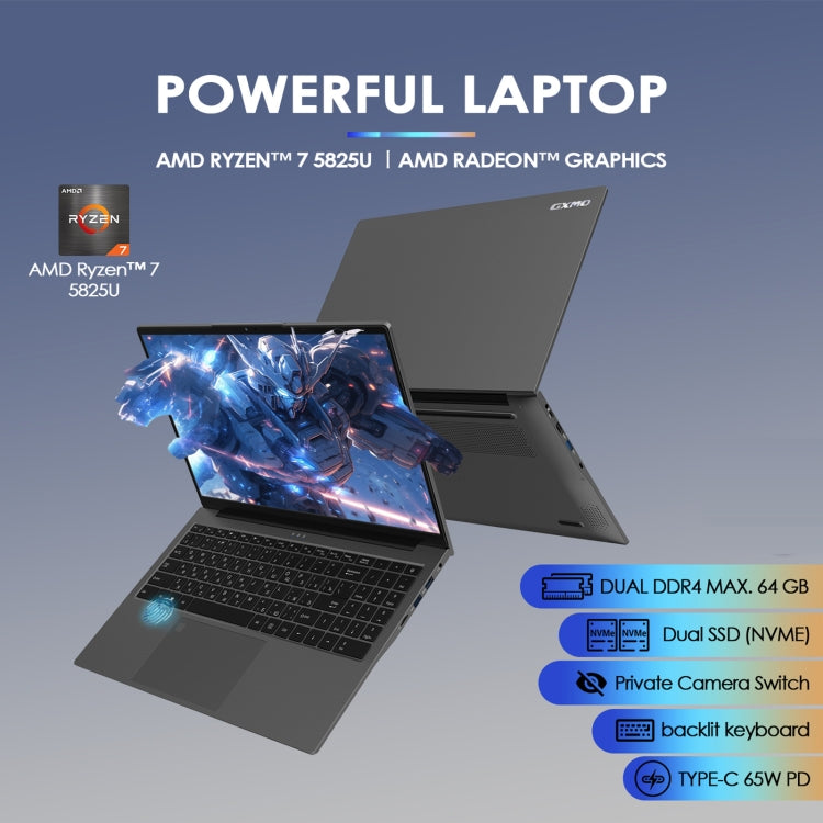 GXMO G156 15.6インチ ノートパソコン、16GB+512GB、Windows 11 AMD Ryzen 7 5825U オクタコア、指紋認証対応、USプラグ、32GB+1TB