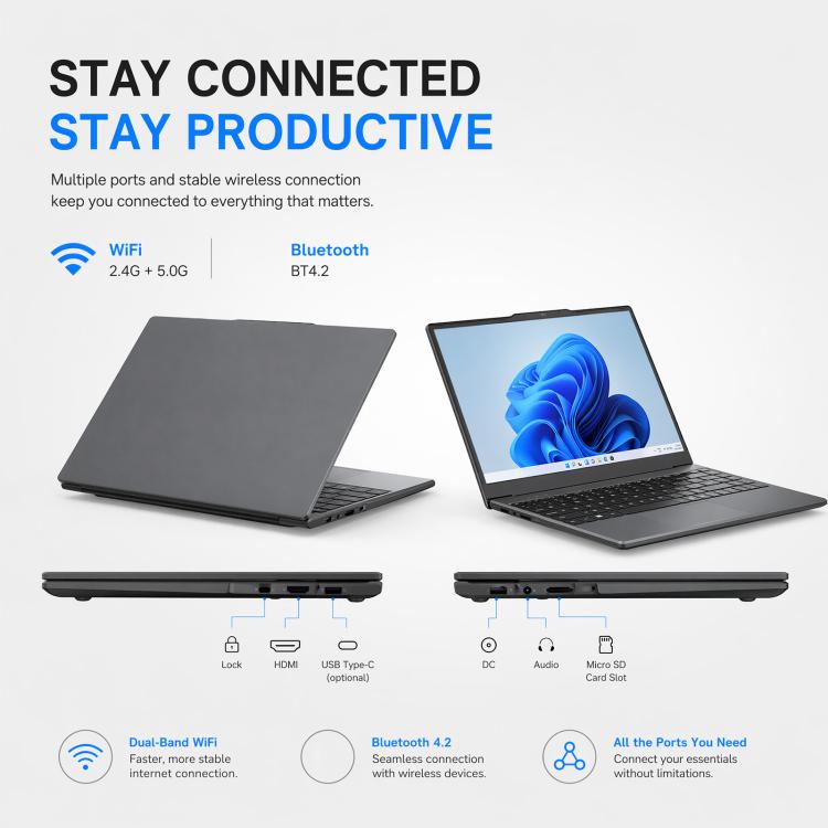 E140C 14 inch Lightweight Laptop, 8GB+256GB, Windows 11 Intel Alder Lake N100 Quad Core, US Plug, Intel N100