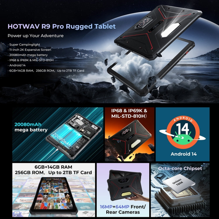 HOTWAV Tab R9 Pro IP68/IP69K ラギッドタブレット、6GB+256GB、11インチ Android 14 Unisoc T606 オクタコア 4Gネットワーク、グローバル版 Google Play対応、EUプラグ、Tab R9 Pro