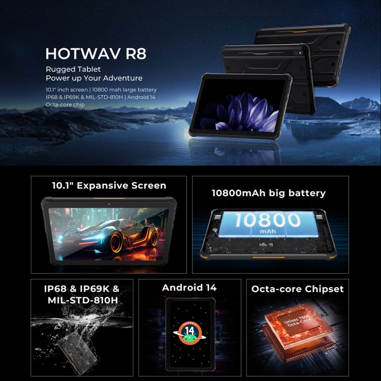 HOTWAV Tab R8 IP68/IP69K 耐衝撃タブレット、4GB+128GB、10.1インチ Android 14 Unisoc T606 オクタコア 4Gネットワーク、グローバル版 Google Play対応、EUプラグ、Tab R8