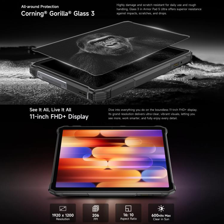 Ulefone Armor Pad 5 Ultra 耐衝撃タブレットPC、12GB+512GB、11インチ Android 15 MediaTek Dimensity 7400X オクタコア 5Gネットワーク、EUプラグ、Armor Pad 5 Ultra