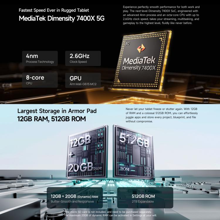 Ulefone Armor Pad 5 Ultra 耐衝撃タブレットPC、12GB+512GB、11インチ Android 15 MediaTek Dimensity 7400X オクタコア 5Gネットワーク、EUプラグ、Armor Pad 5 Ultra
