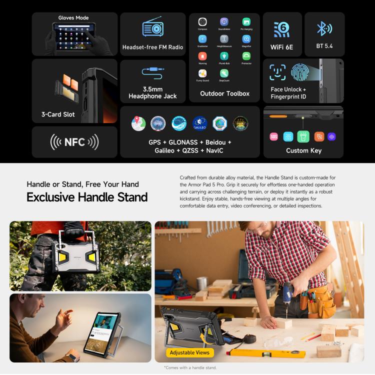 Ulefone Armor Pad 5 Pro 耐衝撃タブレットPC、12GB+512GB、11インチ Android 15 MediaTek Dimensity 7400X オクタコア 5Gネットワーク、EUプラグ、Armor Pad 5 Pro