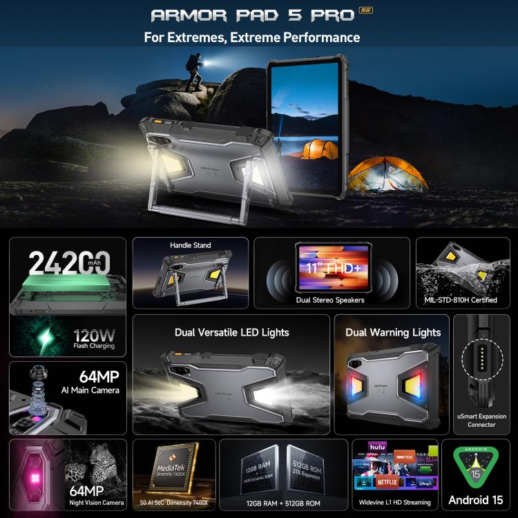Ulefone Armor Pad 5 Pro 耐衝撃タブレットPC、12GB+512GB、11インチ Android 15 MediaTek Dimensity 7400X オクタコア 5Gネットワーク、EUプラグ、Armor Pad 5 Pro