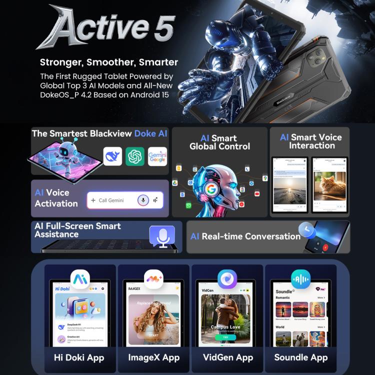 Blackview Active 5 4G 耐衝撃タブレット、8GB+128GB、8.68インチ Android 14 Unisoc UMS9230E T615 オクタコア、グローバル版 Google Play対応、Active 5
