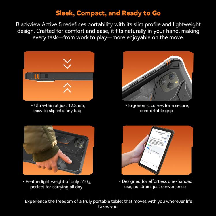 Blackview Active 5 4G 耐衝撃タブレット、8GB+128GB、8.68インチ Android 14 Unisoc UMS9230E T615 オクタコア、グローバル版 Google Play対応、Active 5