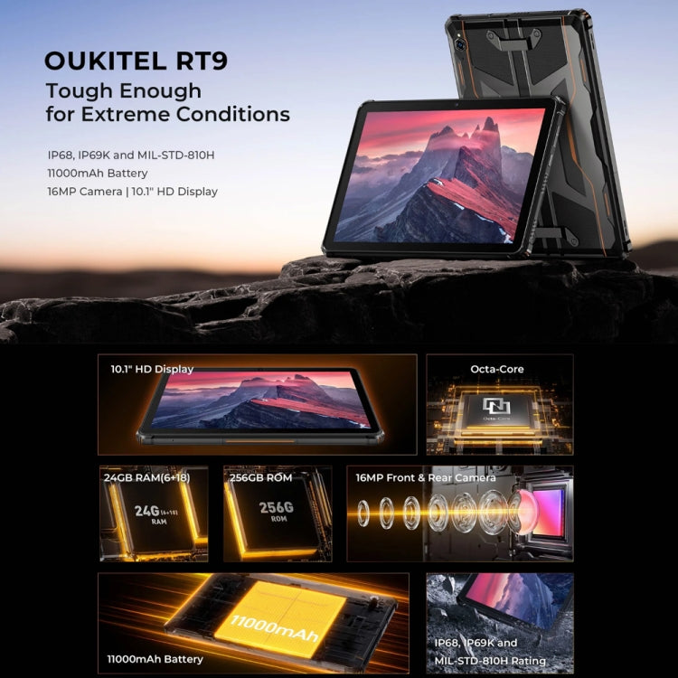 OUKITEL RT9 4G ネットワーク IP68/IP69K ラギッドタブレット、6GB+256GB、11インチ Android 14 Unisoc T606 オクタコア デュアルSIM対応、EUプラグ、RT9 6GB+256GB