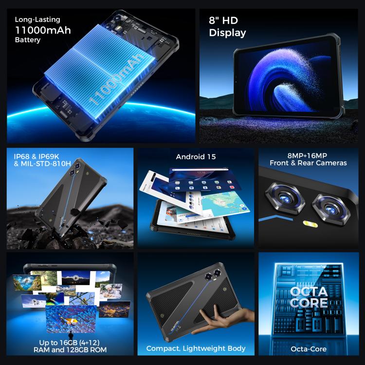 OUKITEL RT3 Plus 4Gネットワーク IP68/IP69K 耐衝撃タブレット、4GB+128GB、8.0インチ Android 15 MediaTek G81 オクタコア デュアルSIM対応、EUプラグ、RT3 Plus 4GB+128GB