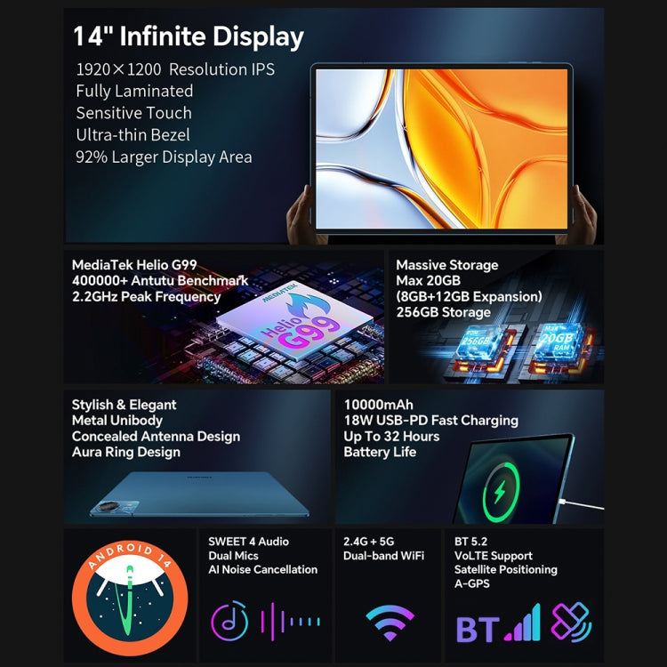 Teclast T70 4G LTE タブレットPC、8GB+256GB、14インチ Android 14 MediaTek Helio G99 オクタコア、デュアルSIM対応、T70
