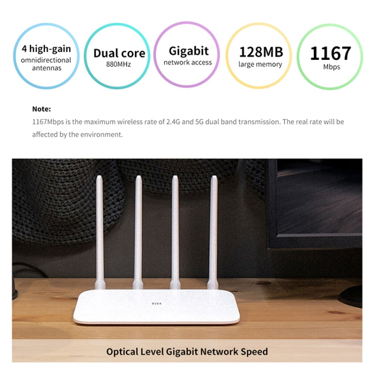 オリジナル Xiaomi WiFiルーター 4A スマートAPPコントロール AC1200 1167Mbps 128MB 2.4GHz & 5GHz デュアルコアCPU ギガビットイーサネットポート ワイヤレスルーターリピーター 4アンテナ付き、Web & Android & iOS対応、USプラグ、4A（デュアルコアCPU）