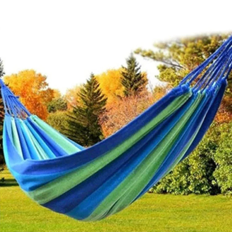 ストライプ屋外キャンバスハンモック 二人用 幅広スイングベッド、サイズ：190cm x 150cm、190cm x 150cm（ブルー）、190cm x 150cm（レッド＋イエロー）、200 x 150cm（ブルー＋イエロー）