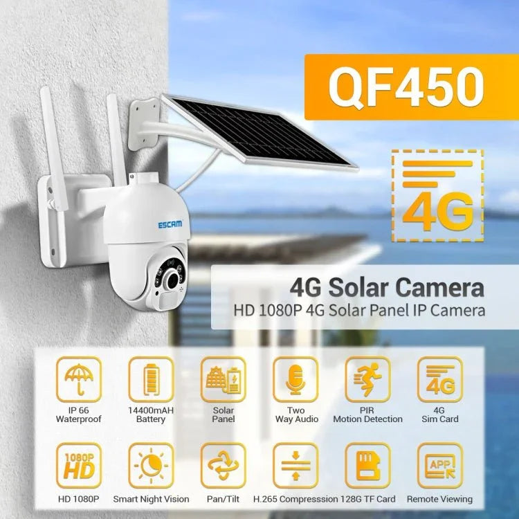 ESCAM QF450 HD 1080P 4G EU Version Solar Powered IP Camera with 32G Memory, Support Two - way Audio & PIR Motion Detection & Night Vision & TF Card - Trustpick