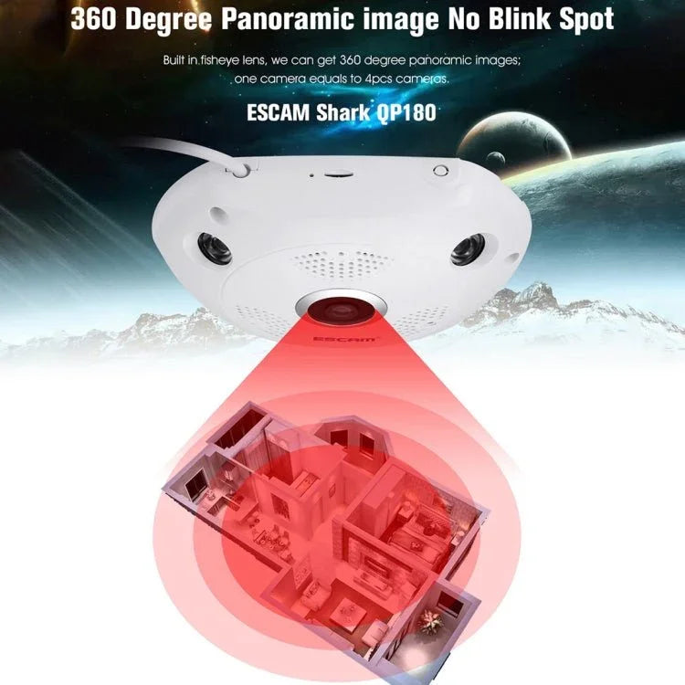 ESCAM Shark QP180 960P 360 Degrees Fisheye Lens 1.3MP WiFi IP Camera, Support Motion Detection / Night Vision, IR Distance: 10m - Trustpick
