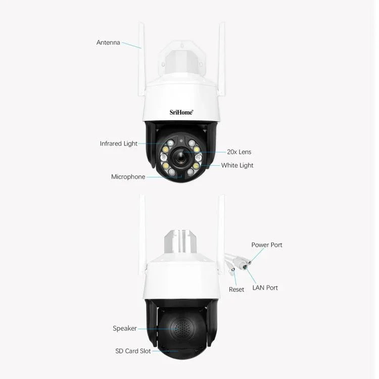 SriHome SH041 5.0MP 20X Optical Zoom 2.4G/5G WiFi Waterproof AI Auto Tracking H.265 Video Surveillance - Trustpick